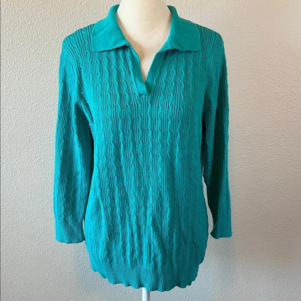 Kim Rogers Cableknit Polo Sweater Green/Teal Size Medium